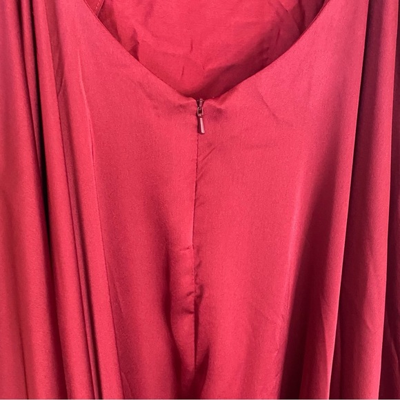 La Femme Wine Red Satin Strappy Back Side Slit Satin Gown Formal Prom Dress - Picture 7 of 9